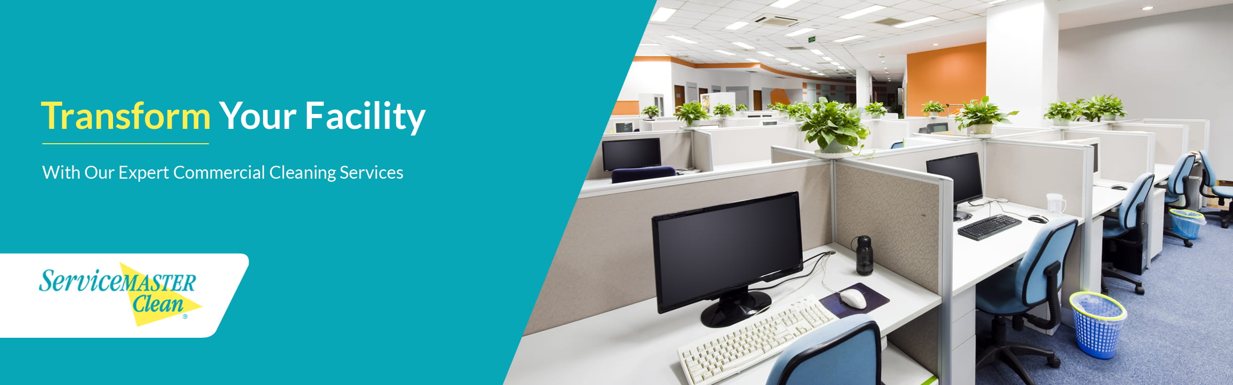 A cleaned commercial office with office tables, chairs, led and machines
