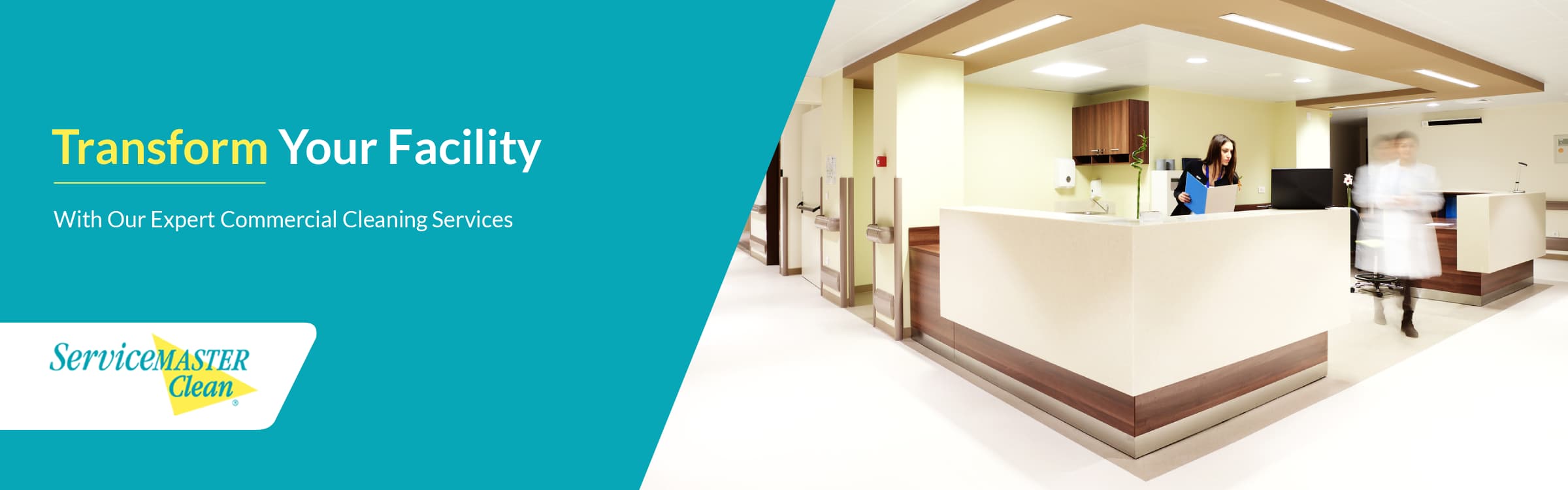 A clean and disinfected hospital reception where a healthcare professional doing her duty